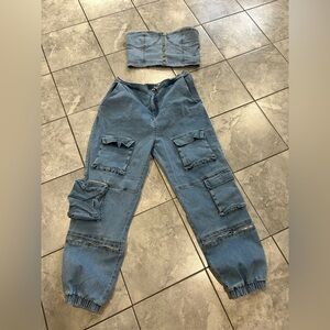 Blue Denim Cargo Pants and Tube Top Set fashion nova size 2x fits a 1x -2x